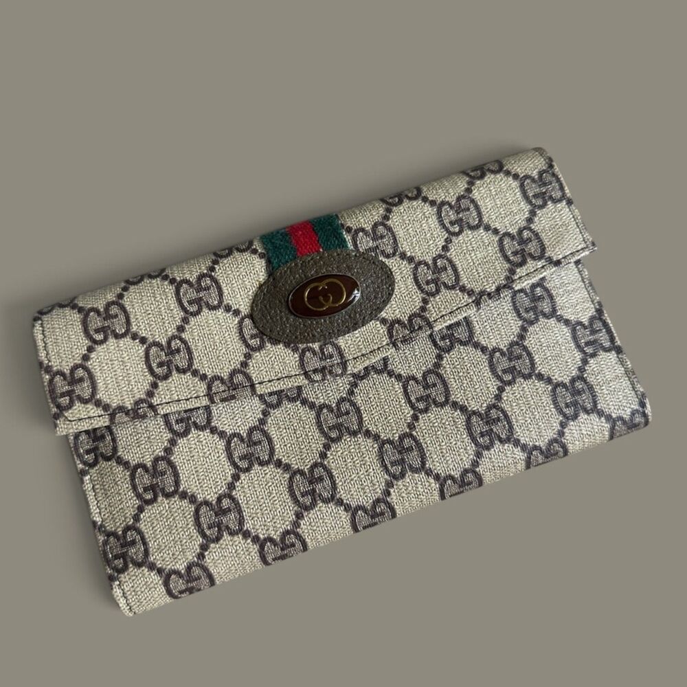 Vintage Gucci Accessory Collection GG Monogram Web Stripe Long Wallet Italy
